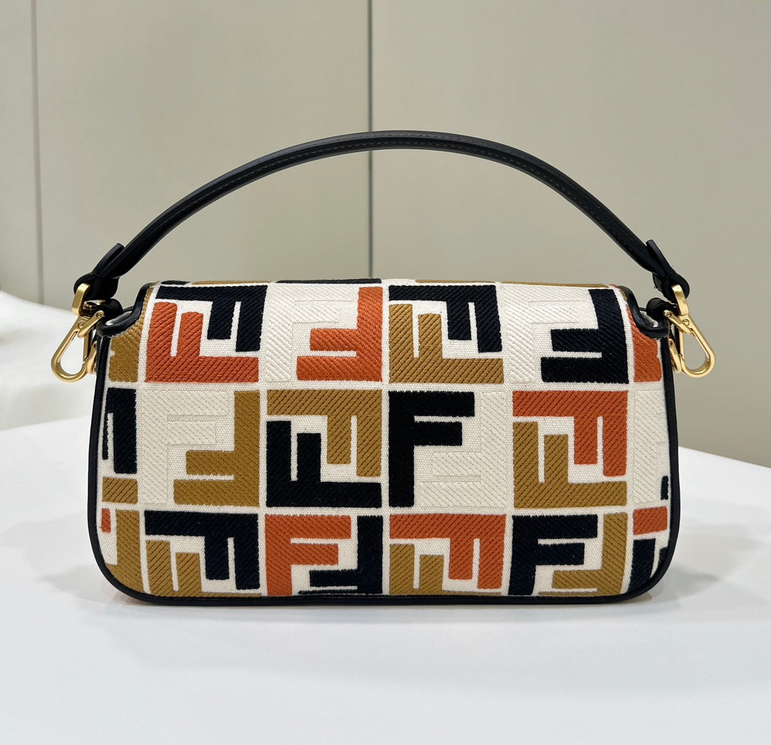 FENDI BAGUETTE CANVAS 27 BAG WITH MULTICOLOUR EMBROIDERY GOLD HARDWARE