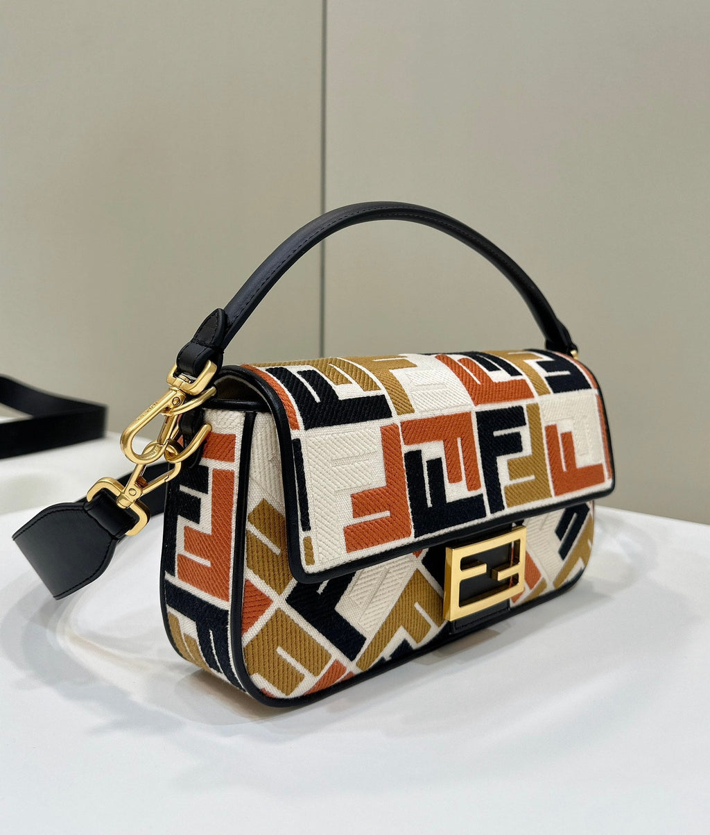 FENDI BAGUETTE CANVAS 27 BAG WITH MULTICOLOUR EMBROIDERY GOLD HARDWARE