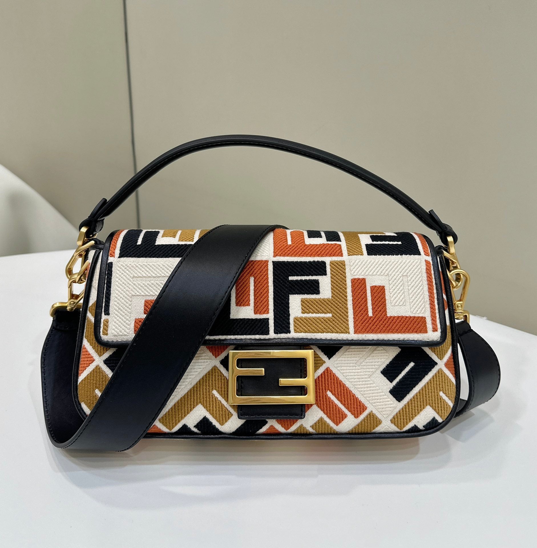 FENDI BAGUETTE CANVAS 27 BAG WITH MULTICOLOUR EMBROIDERY GOLD HARDWARE