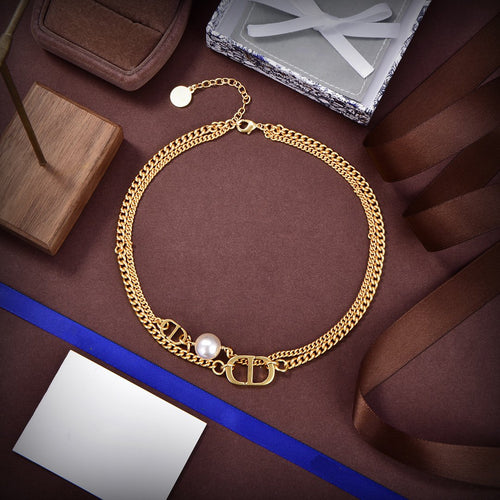 DIOR LOGO MOP GOLD DOUBLE CHAIN NECKLACE