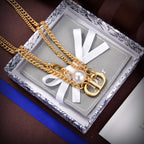 DIOR LOGO MOP GOLD DOUBLE CHAIN NECKLACE