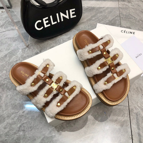 Celine TIPPI SLIDE IN WHITE SHEARLING AND BROWN CALFSKIN