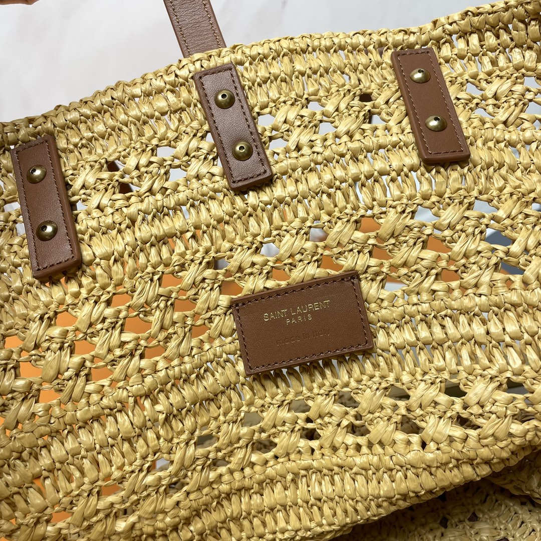 Saint Laurent YSL PANIER BAG 55CM BEIGE CROCHET RAFFIA TAN CALFSKIN