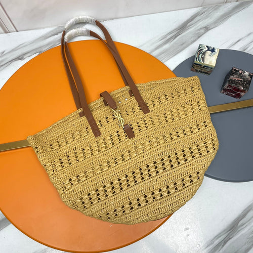 Saint Laurent YSL PANIER BAG 55CM BEIGE CROCHET RAFFIA TAN CALFSKIN