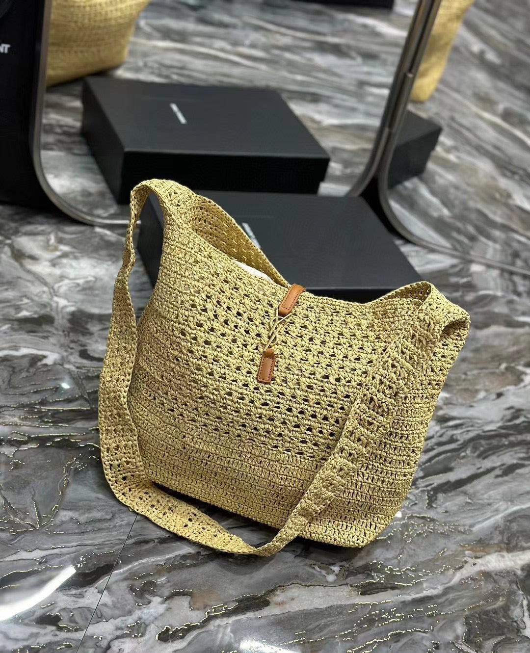 Saint Laurent YSL HOBO BAG 30CM BEIGE RAFFIA