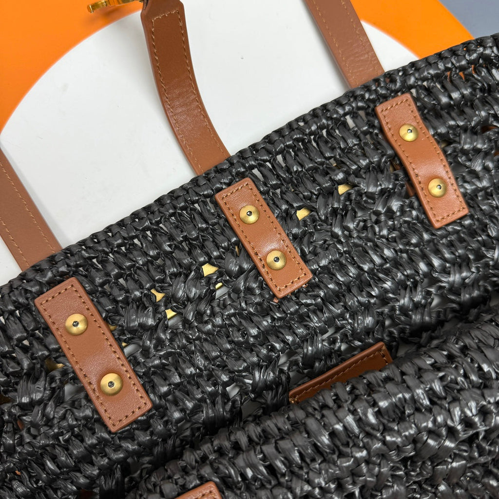 Saint Laurent YSL PANIER BAG 55CM BLACK CROCHET RAFFIA TAN CALFSKIN