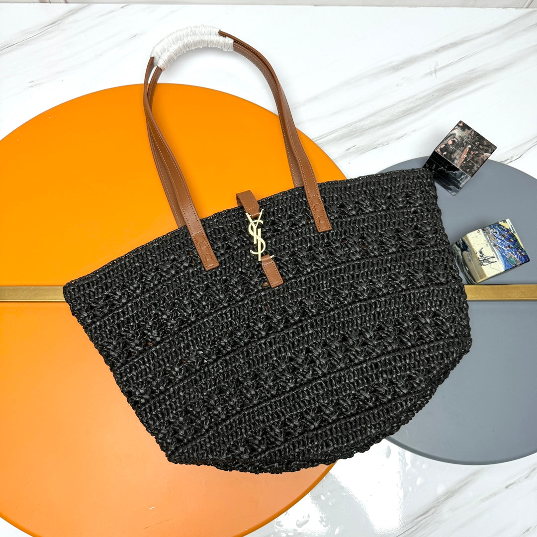Saint Laurent YSL PANIER BAG 55CM BLACK CROCHET RAFFIA TAN CALFSKIN
