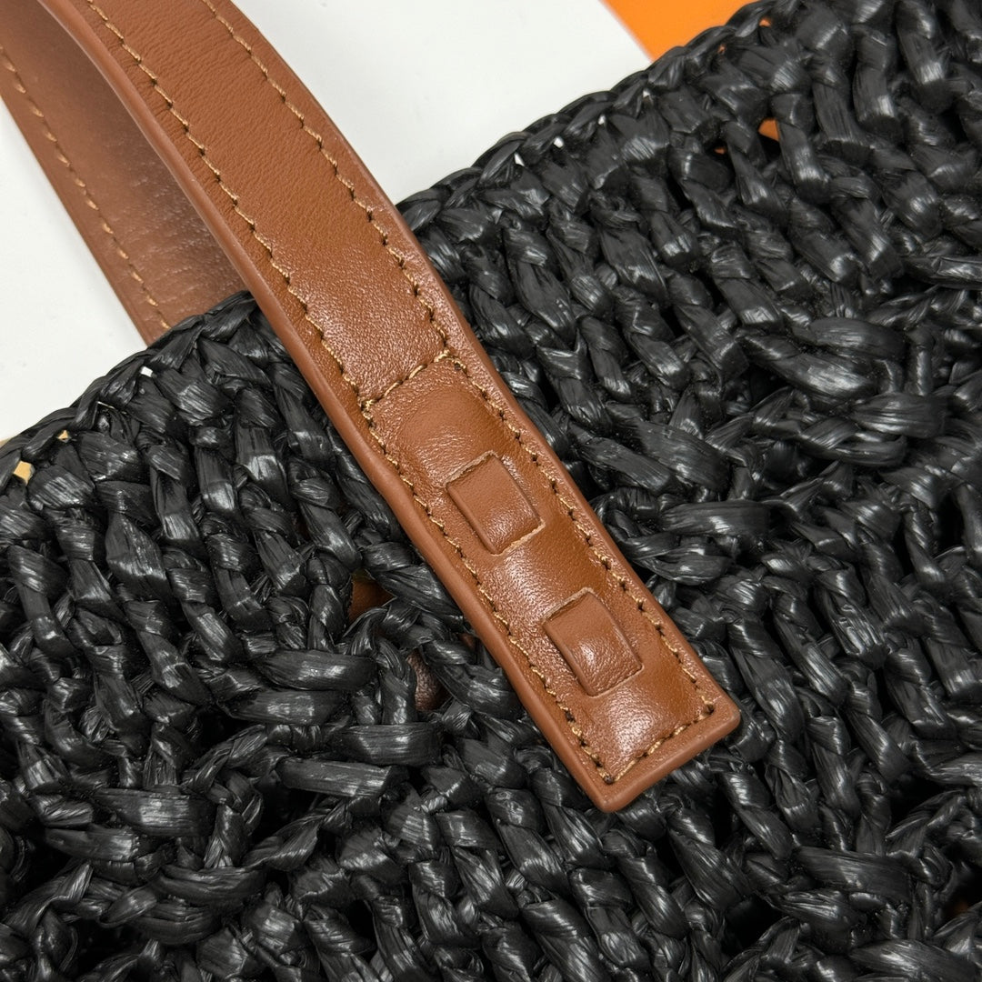 Saint Laurent YSL PANIER BAG 55CM BLACK CROCHET RAFFIA TAN CALFSKIN