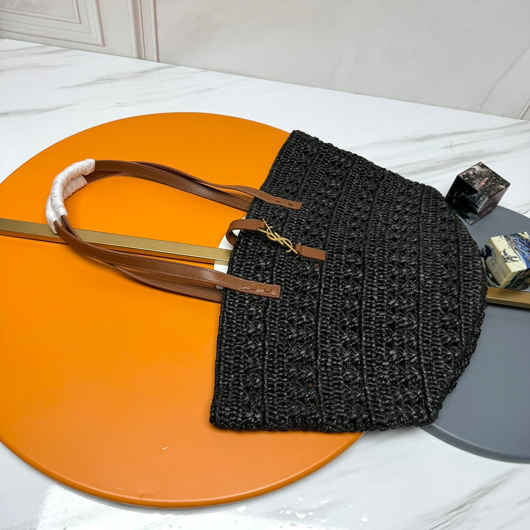 Saint Laurent YSL PANIER BAG 55CM BLACK CROCHET RAFFIA TAN CALFSKIN