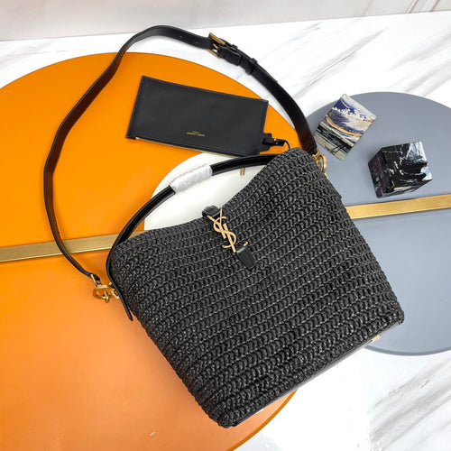 Saint Laurent YSL LE 37 20CM BLACK RAFFIA BUCKET BAG