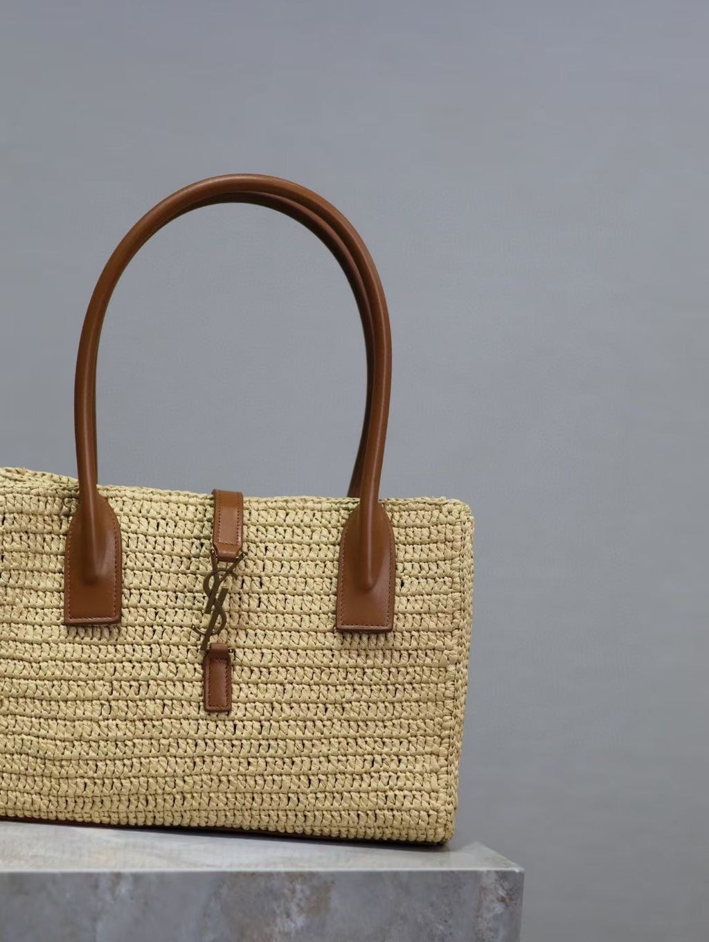 Saint Laurent YSL TOTE BAG 29CM PANIER LEATHER TRIMMED RAFFIA