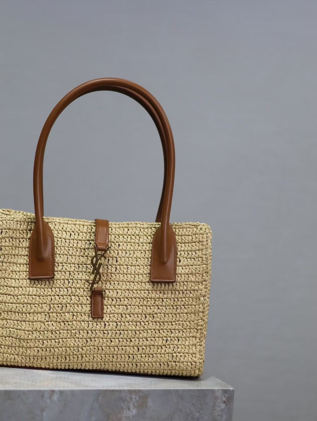 Saint Laurent YSL TOTE BAG 29CM PANIER LEATHER TRIMMED RAFFIA