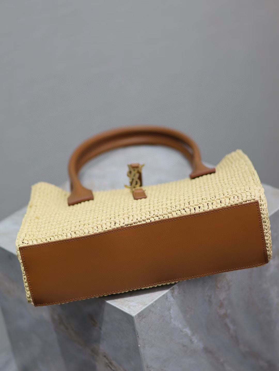 Saint Laurent YSL TOTE BAG 29CM PANIER LEATHER TRIMMED RAFFIA