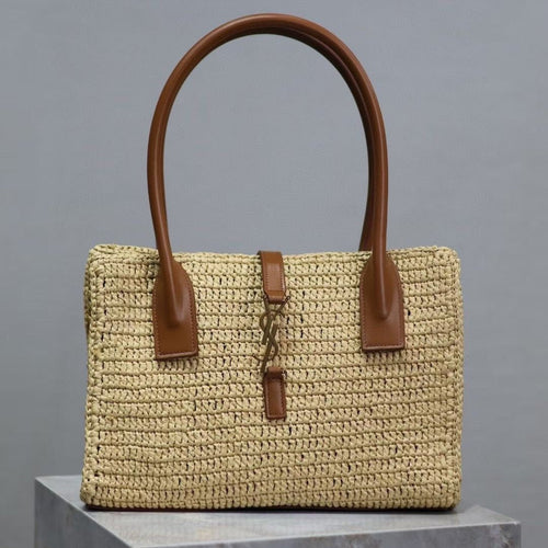 Saint Laurent YSL TOTE BAG 29CM PANIER LEATHER TRIMMED RAFFIA