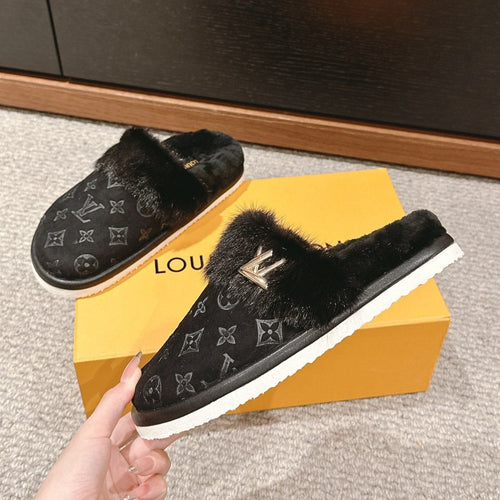 Louis Vuitton Flat Mule Black With Fur Monogram Suede