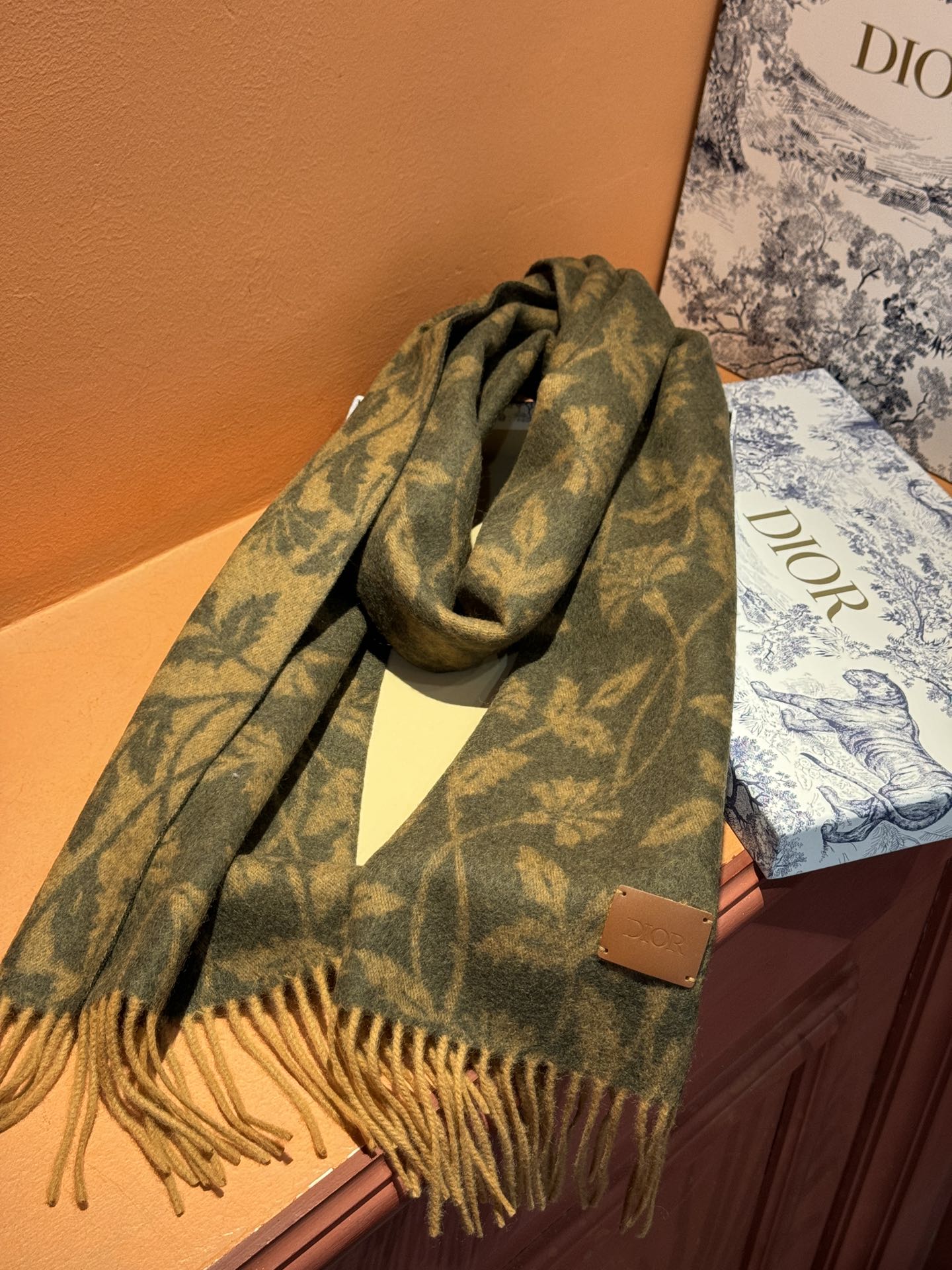 DIOR SCARF 180 CM IN OLIVE GREEN MONOGRAM CASHMERE 394642