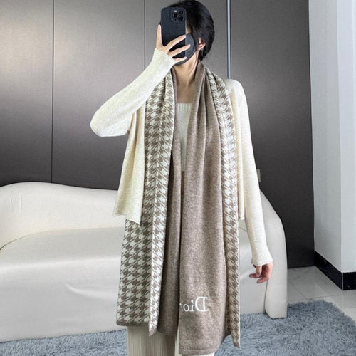 DIOR SCARF 190 CM IN KHAKI BEIGE MIX WHITE CARO CASHMERE 388125