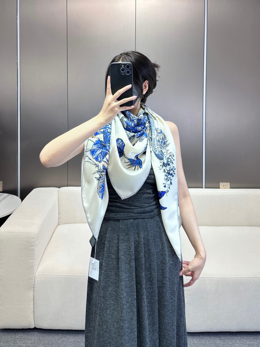 DIOR SQUARE SCARF 140 CM IN WHITE MIX COBALT BLUE CASHMERE AND SILK 390940