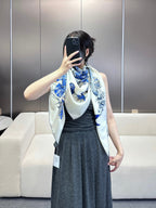 DIOR SQUARE SCARF 140 CM IN WHITE MIX COBALT BLUE CASHMERE AND SILK 390940