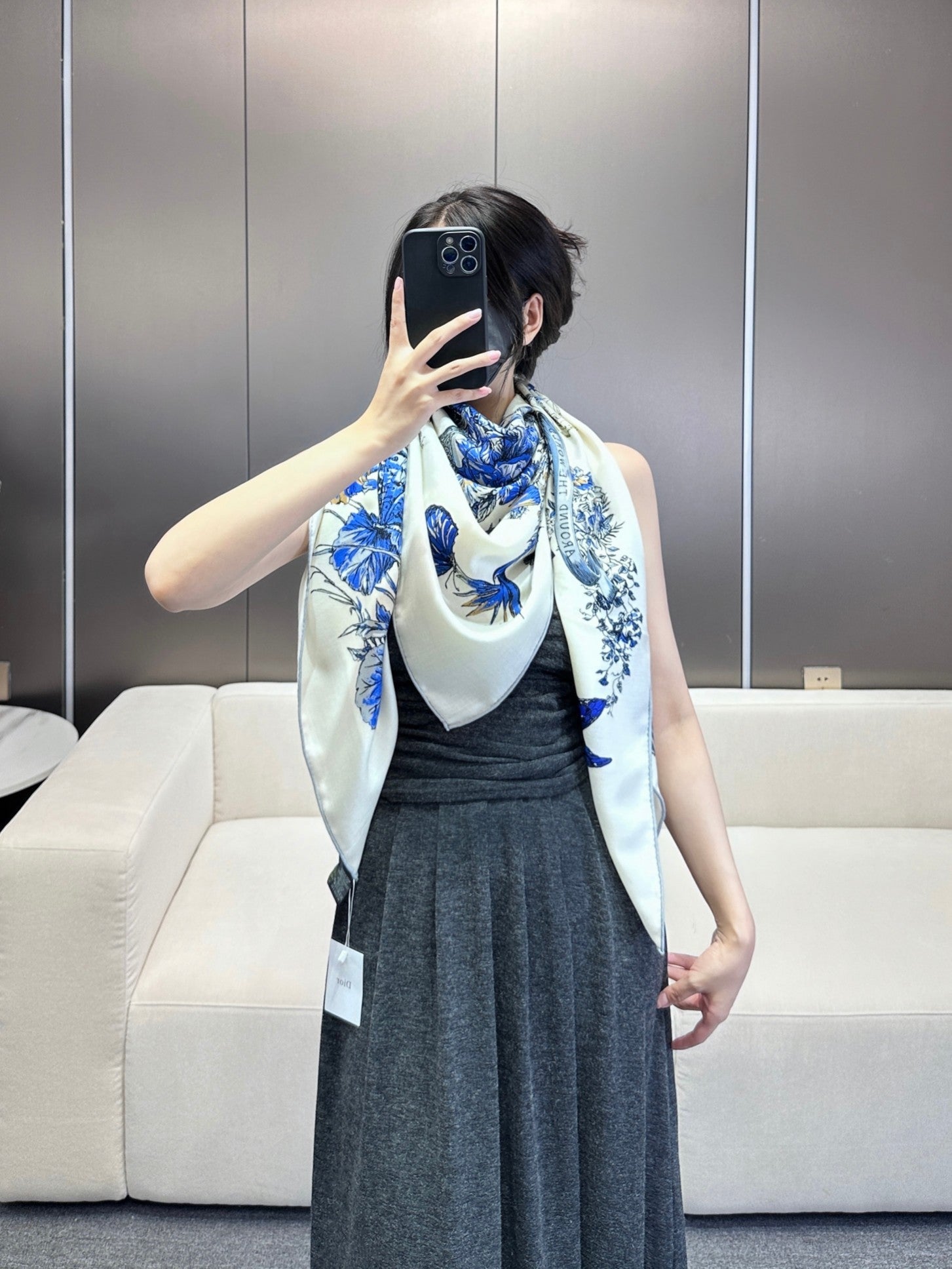 DIOR SQUARE SCARF 140 CM IN WHITE MIX COBALT BLUE CASHMERE AND SILK 390940