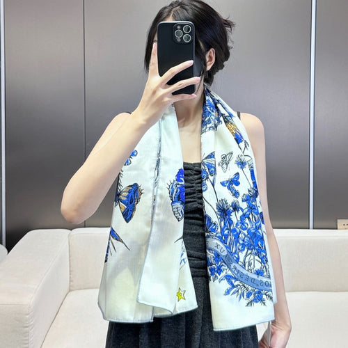 DIOR SQUARE SCARF 140 CM IN WHITE MIX COBALT BLUE CASHMERE AND SILK 390940