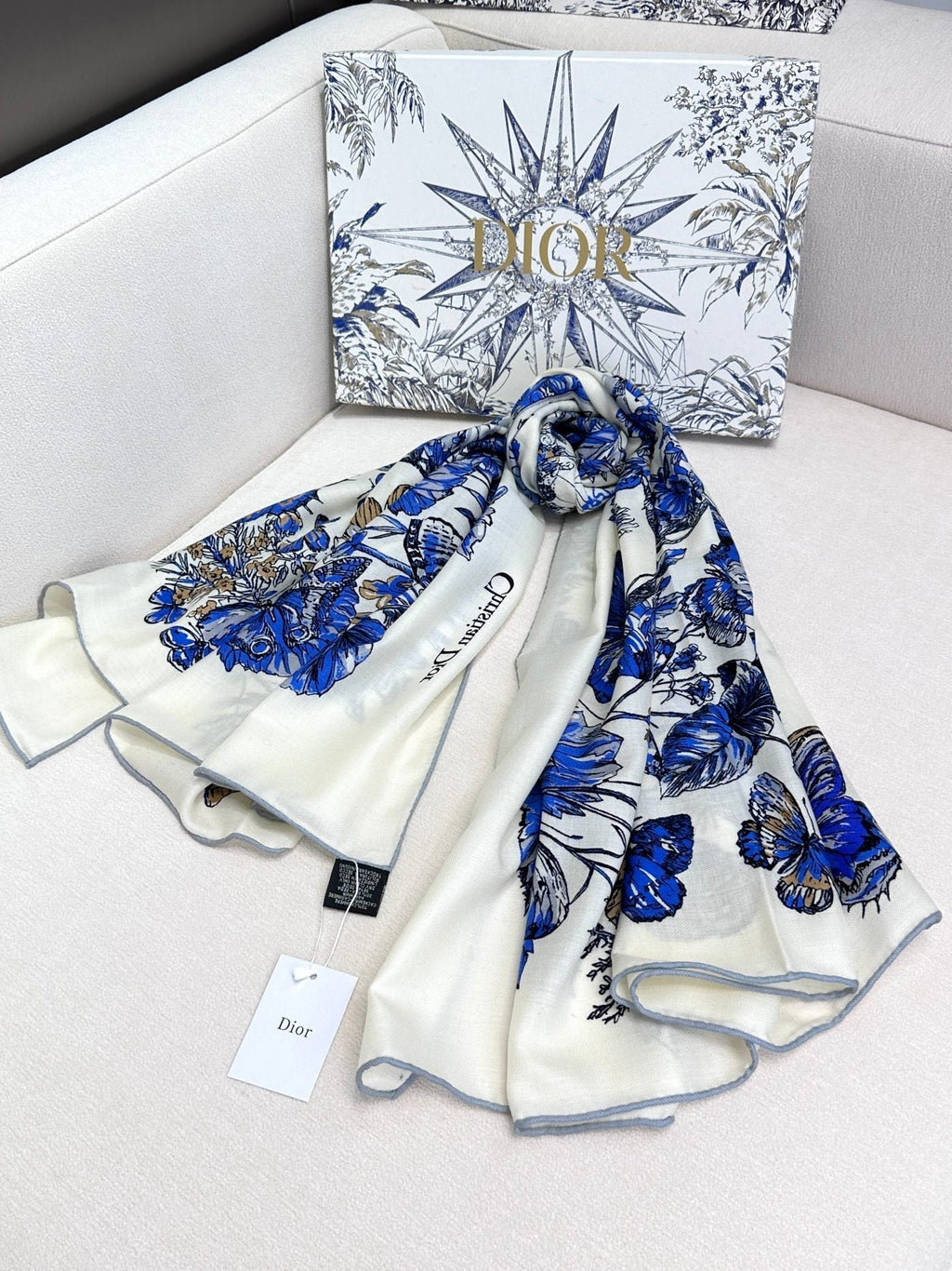 DIOR SQUARE SCARF 140 CM IN WHITE MIX COBALT BLUE CASHMERE AND SILK 390940