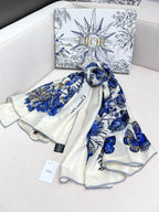 DIOR SQUARE SCARF 140 CM IN WHITE MIX COBALT BLUE CASHMERE AND SILK 390940