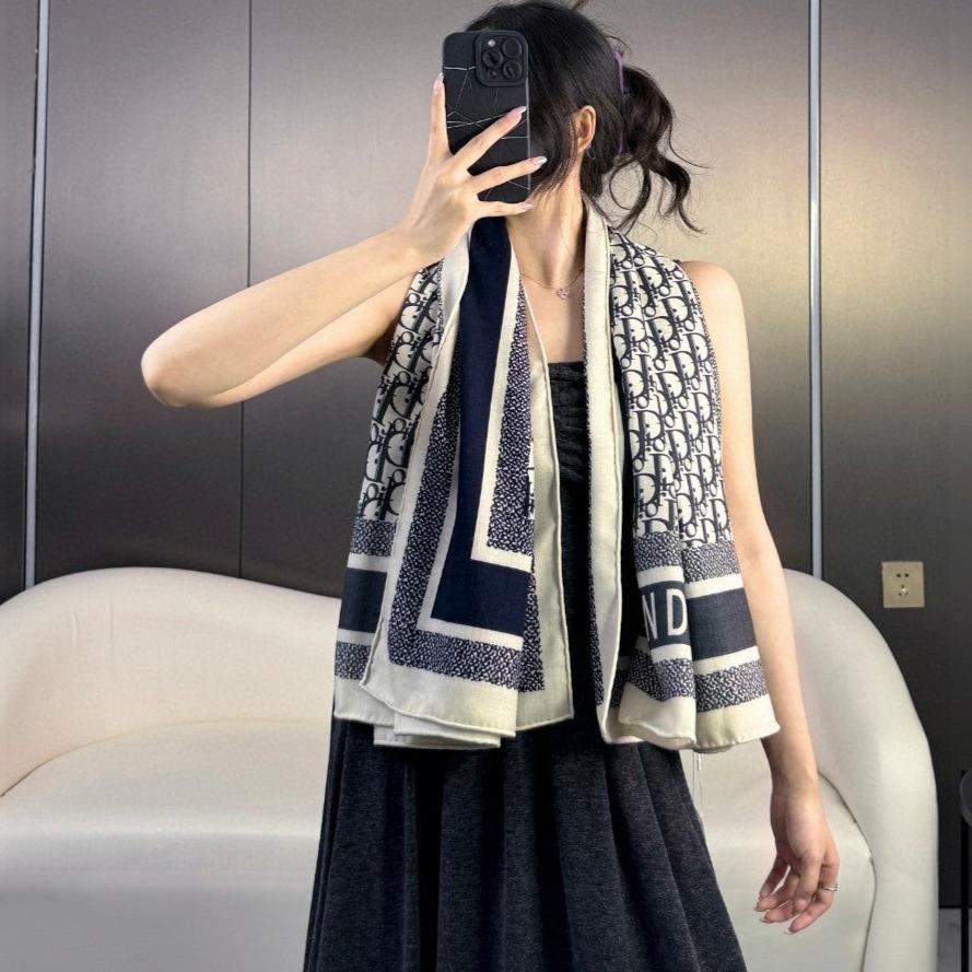 DIOR MONOGRAM SQUARE SCARF 140 CM IN BLACK MIX WHITE  CASHMERE AND SILK 413742