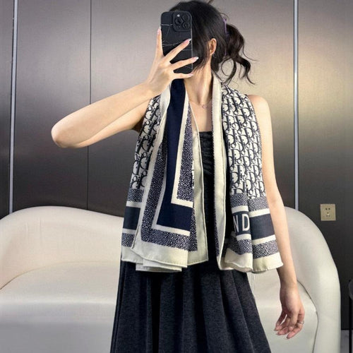 DIOR MONOGRAM SQUARE SCARF 140 CM IN BLACK MIX WHITE  CASHMERE AND SILK 413742