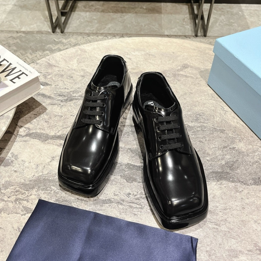 PRADA SQUARE HEAD LACE-UP LOAFERS JET-BLACK CALFSKIN