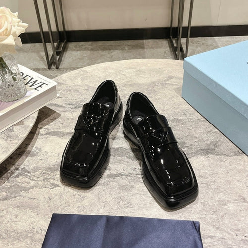 PRADA SQUARE HEAD LACE-UP LOAFERS GLOSSY BLACK CALFSKIN