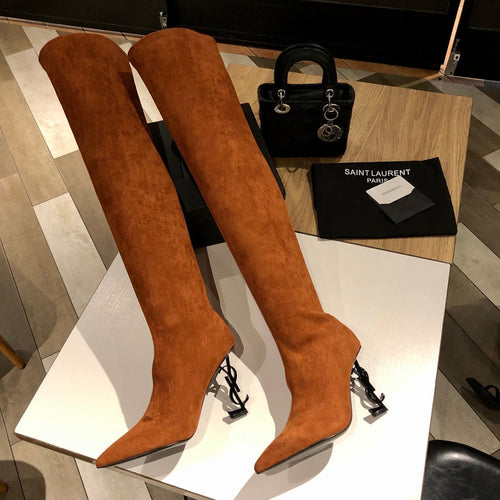 Saint Laurent OPYUM THIGH HIGH BOOTS IN BRONZE BROWN VELVET