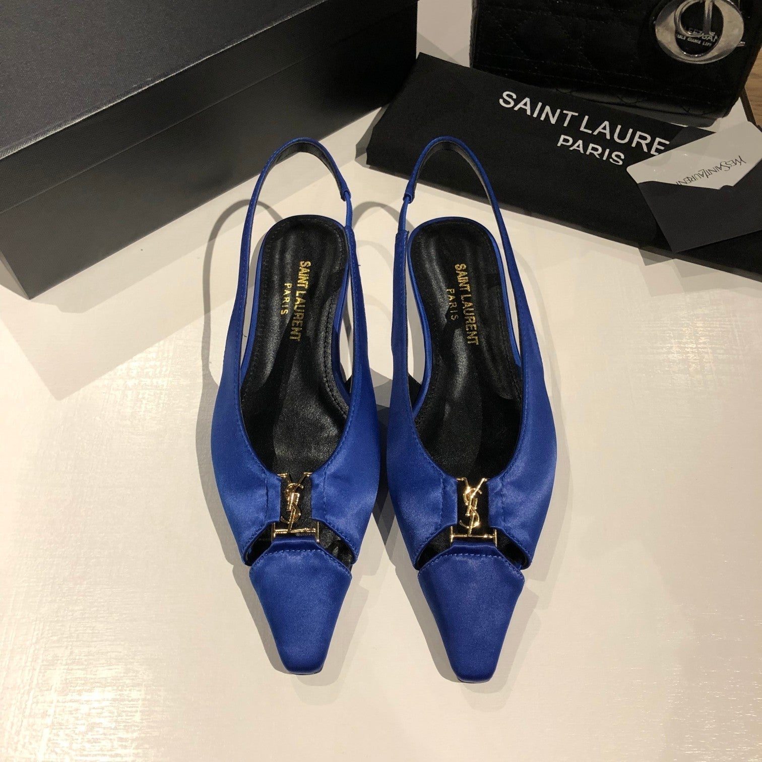 Saint Laurent BABYLONE SLINGBACK FLAT IN SAPPHIRE BLUE SILK