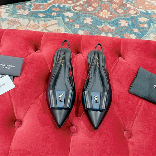 Saint Laurent CASSANDRA SLINGBACK FLAT IN BLACK MIX BLUE SMOOTH LAMBSKIN