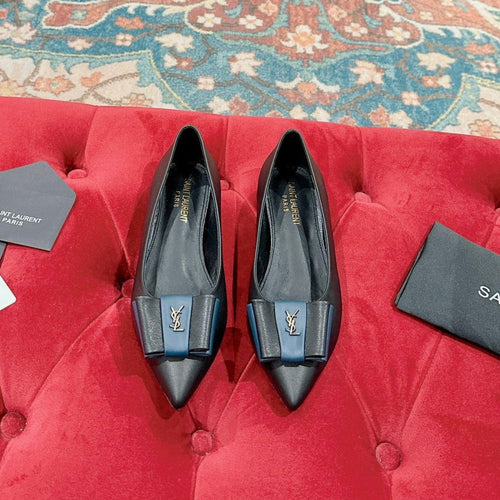 Saint Laurent CASSANDRA BALLET FLAT IN BLACK MIX BLUE SMOOTH LAMBSKIN