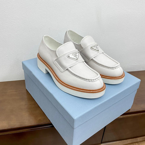 PRADA CHOCOLATE BRUSHED LOAFERS WHITE CALFSKIN
