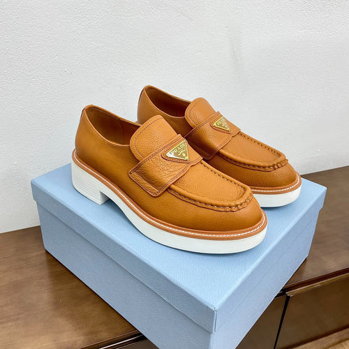 PRADA CHOCOLATE BRUSHED LOAFERS BRONZE CALFSKIN