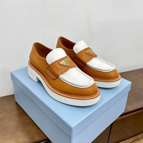 PRADA CHOCOLATE BRUSHED LOAFERS WHITE AND BRONZE CALFSKIN