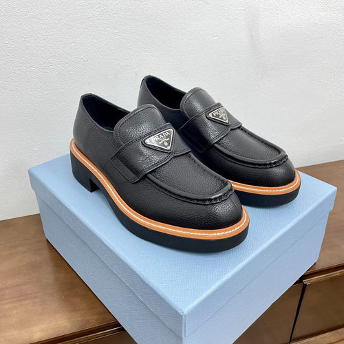 PRADA CHOCOLATE BRUSHED LOAFERS BLACK CALFSKIN
