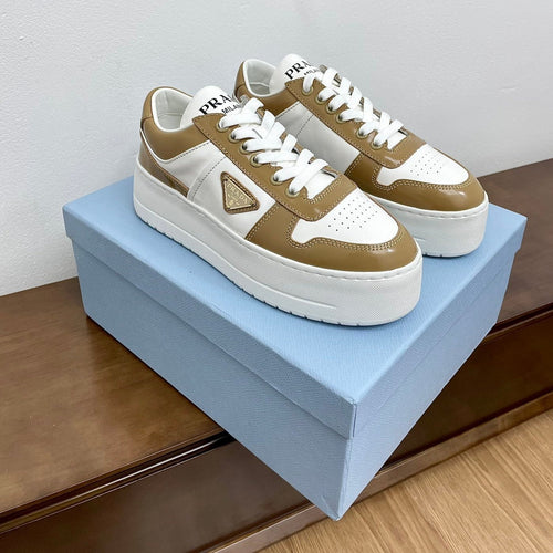 PRADA DOWNTOWN BOLD SNEAKERS WHITE AND PEANUT CALFSKIN