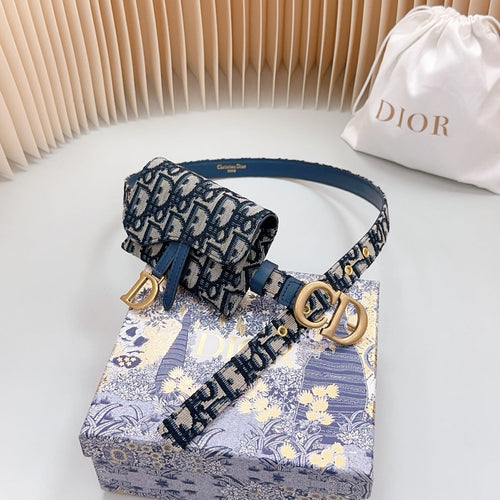 DIOR Saddle Belt Pouch Blue Beige Oblique Jacquard