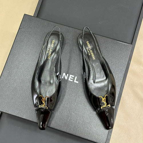 Saint Laurent SL BABYLONE SLINGBACK FLAT BLACK POLISHED CALFSKIN