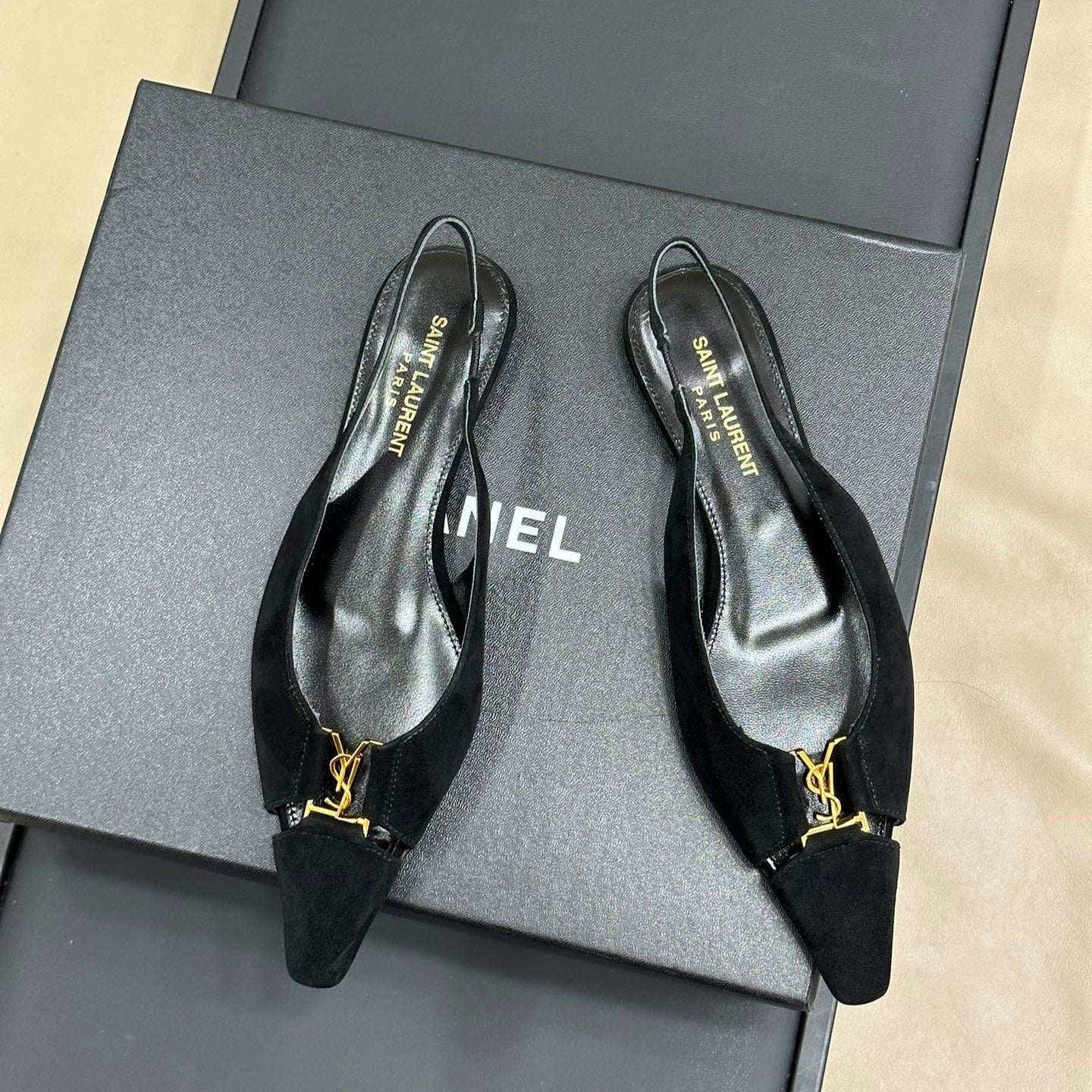 Saint Laurent SL BABYLONE SLINGBACK FLAT BLACK SUEDE