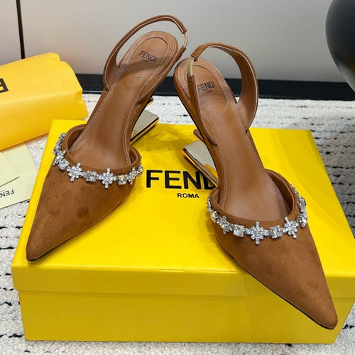 FENDI FENDI CRYSTAL HIGH-HEELED SLINGBACK 7 CM IN BRONZE BROWN SUEDE