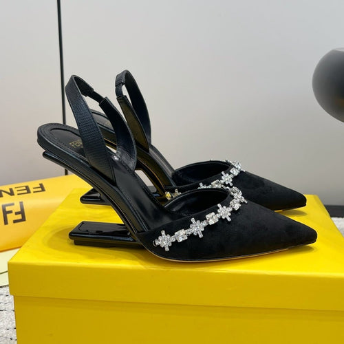 FENDI FENDI CRYSTAL HIGH-HEELED SLINGBACK 7 CM IN BLACK  SUEDE