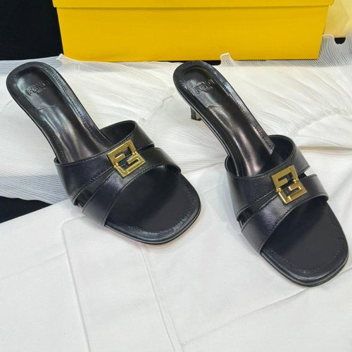 FENDI FENDI MEDIUM-HEELED 55 MM MULE IN BLACK LAMBSKIN WITH GOLD HARDWARE