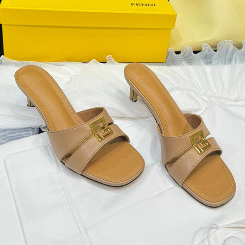 FENDI FENDI MEDIUM-HEELED 55 MM MULE IN BRONZE BROWN LAMBSKIN WITH GOLD HARDWARE