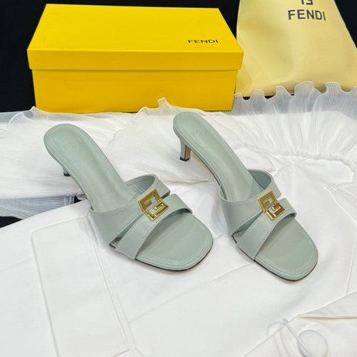 FENDI FENDI MEDIUM-HEELED 55 MM MULE IN ASH GREY LAMBSKIN WITH GOLD HARDWARE