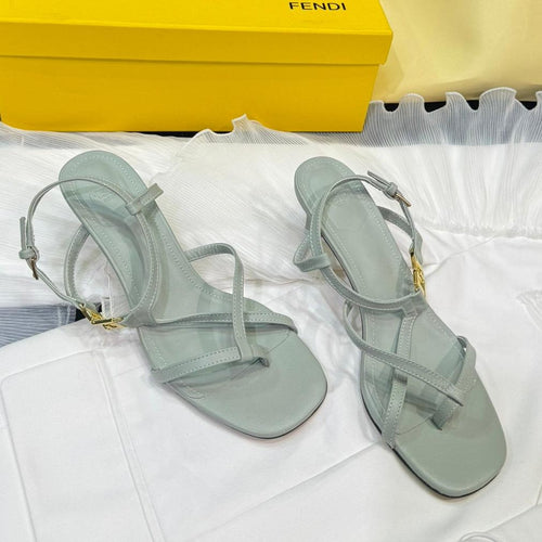 FENDI FENDI FFOLD MEDIUM-HEELED 55 MM SANDALS IN ASH GREY LAMBSKIN WITH GOLD HARDWARE