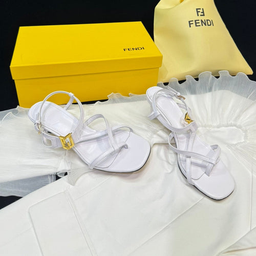 FENDI FENDI FFOLD MEDIUM-HEELED 55 MM SANDALS IN WHITE LAMBSKIN WITH GOLD HARDWARE